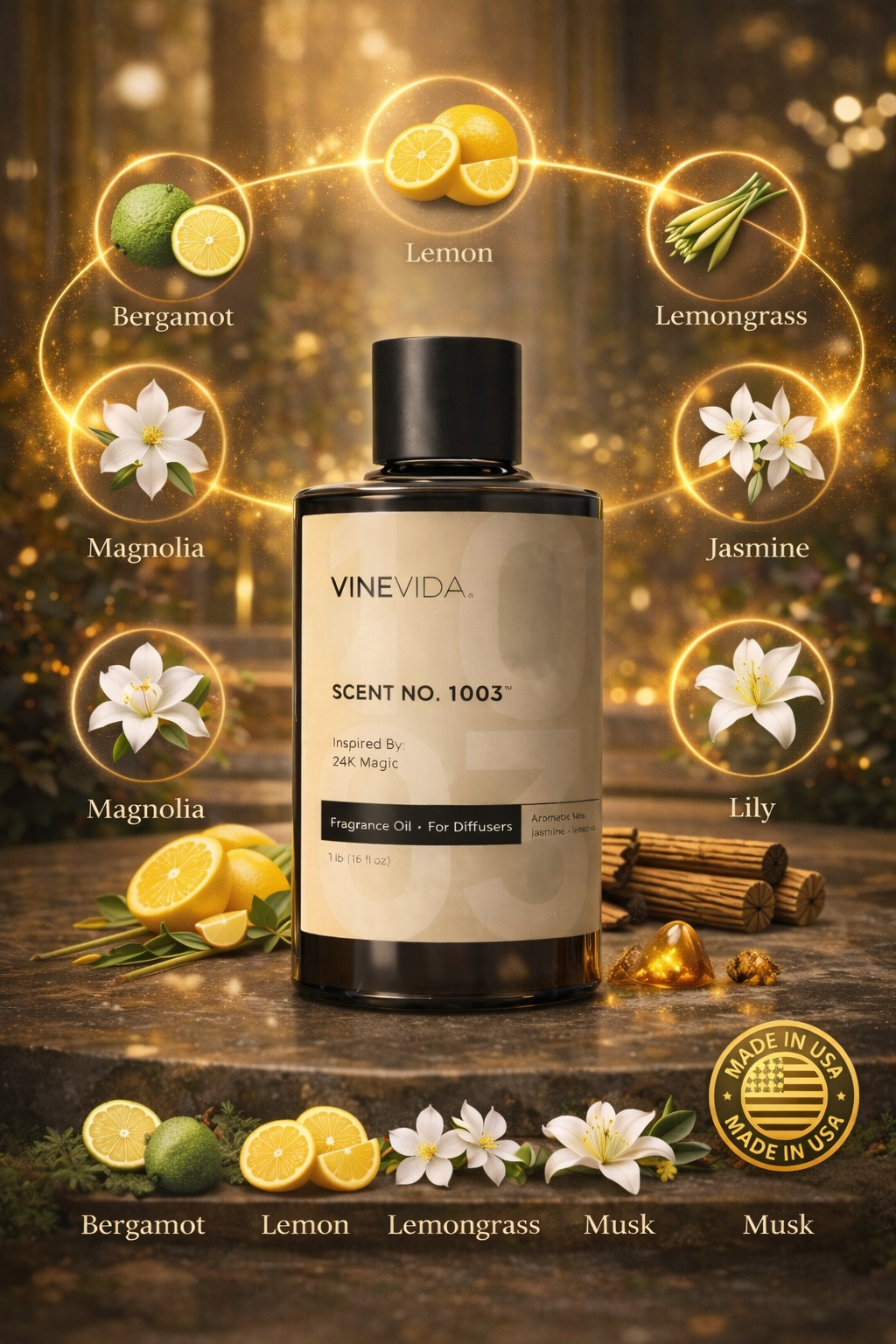 Aceite Aromático 120 ML para Difusor Eléctrico Premium inspirado en 24 K magic & W Hotel